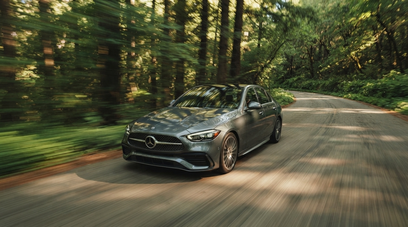Mercedes-Benz C-Class liikkeessä metsätiellä